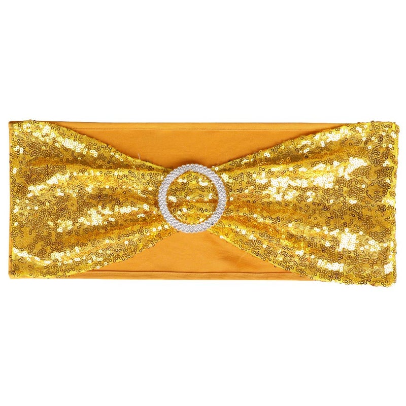 Desirable Life Pack of 50 Chair Sashes Sequin Stretchy Spandex Bands Decorative Bows One-Sided Sequins Decor for Romantic Wedding Party Home Chair Cover Sash Decorations - Gold - Image 2